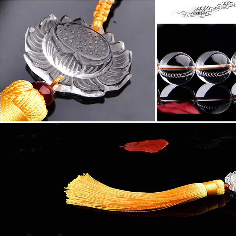 Buddha Stones Natural White Crystal Lotus Wrist Mala Meditation Tassels Pocket Mala Car Decoration