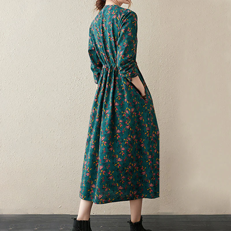 Buddha Stones Casual Ethnic Printing Floral Buttons Design Cotton Linen Midi Dress With Pockets