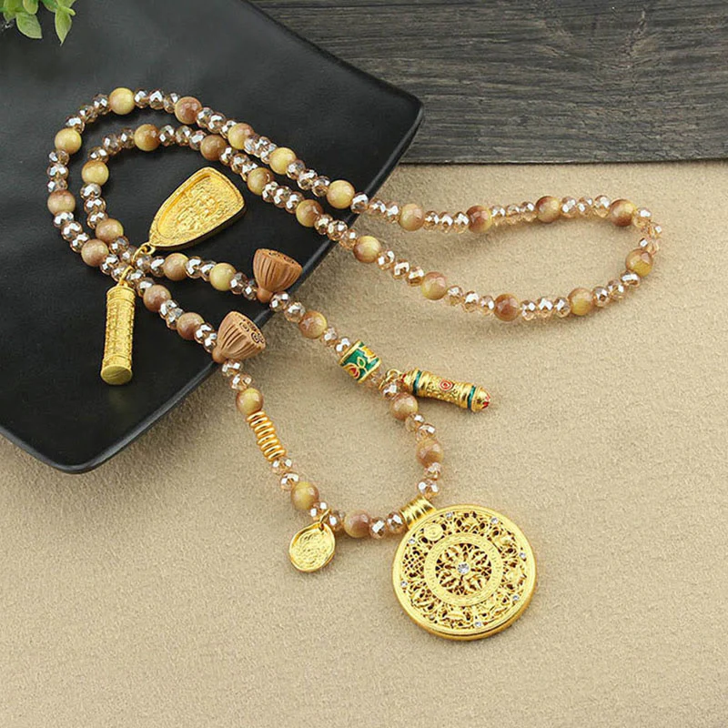 Buddha Stones Tibetan Lotus Round Plate Golden Tiger Eye Beads Necklace Pendant