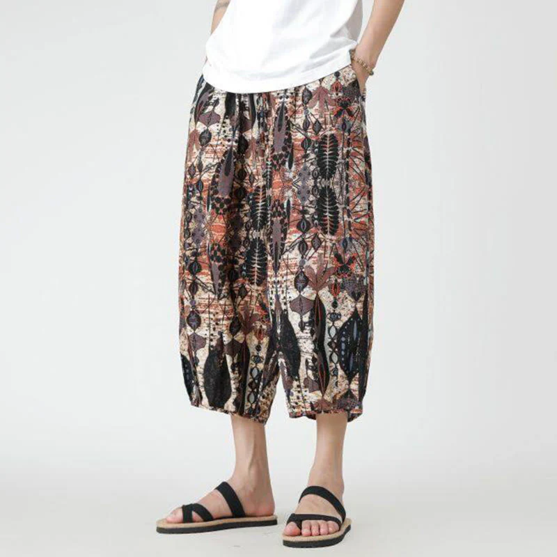 Buddha Stones Summer Square Patchwork Elephant Mandala Geometry Cotton Linen Men's 7-8 Length Pants With Pockets