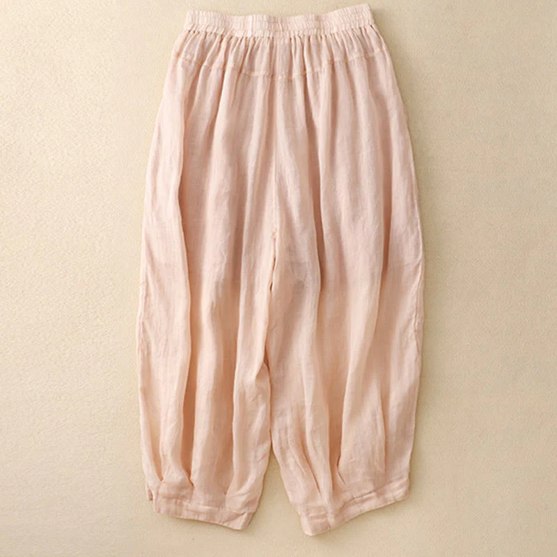 Buddha Stones Embroidered Pattern Women's Cotton Linen Harem Pants With Pockets