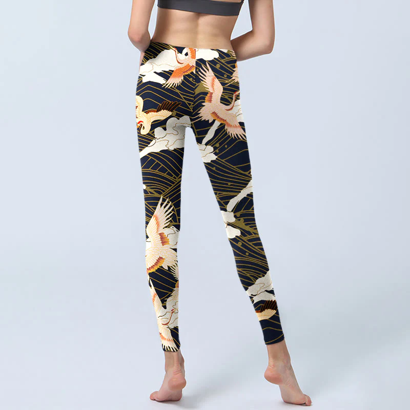 Buddha Stones Red-crowned Cranes Cloud Sea Wave Pattern Print Gym Leggings Women's Yoga Pants