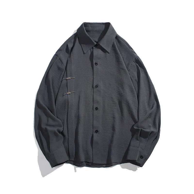 Buddha Stones Plain Buttons Stand Collar Long Sleeve Men's Cotton Shirt