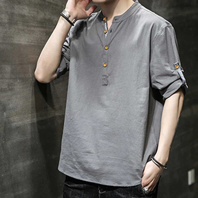 Buddha Stones Summer Solid Men's Half Buttons Half Sleeve Linen Shirt