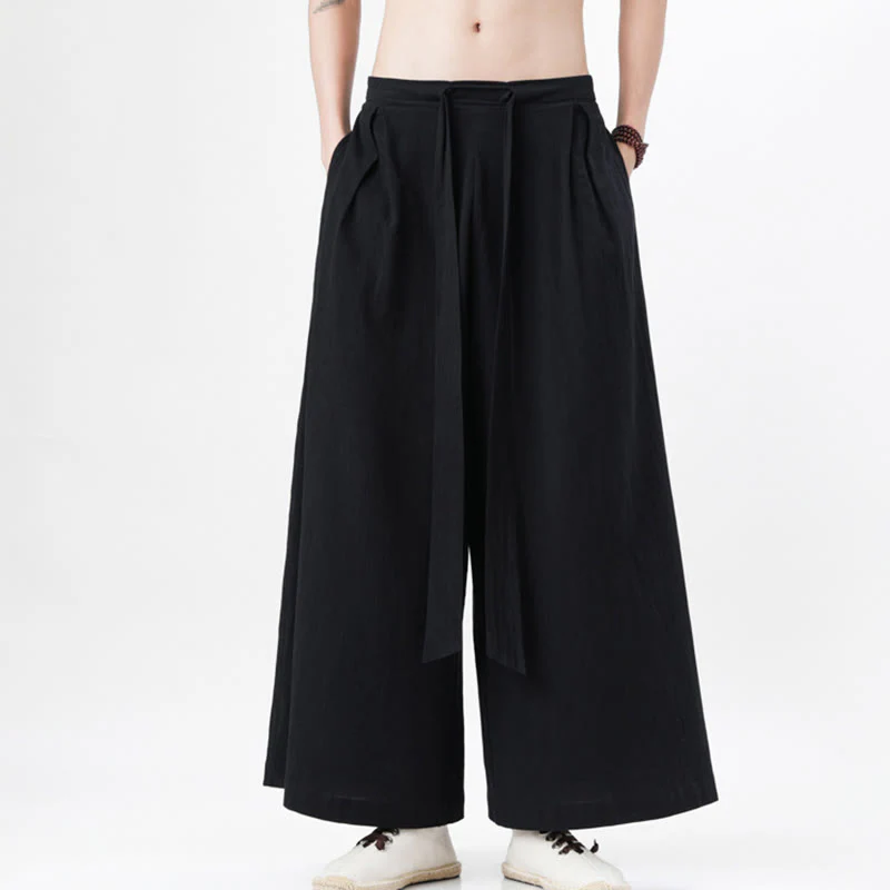 Buddha Stones Spring Casual Sports Drawstring Design Men's Cotton Linen Wide Leg Pants With Pockets
