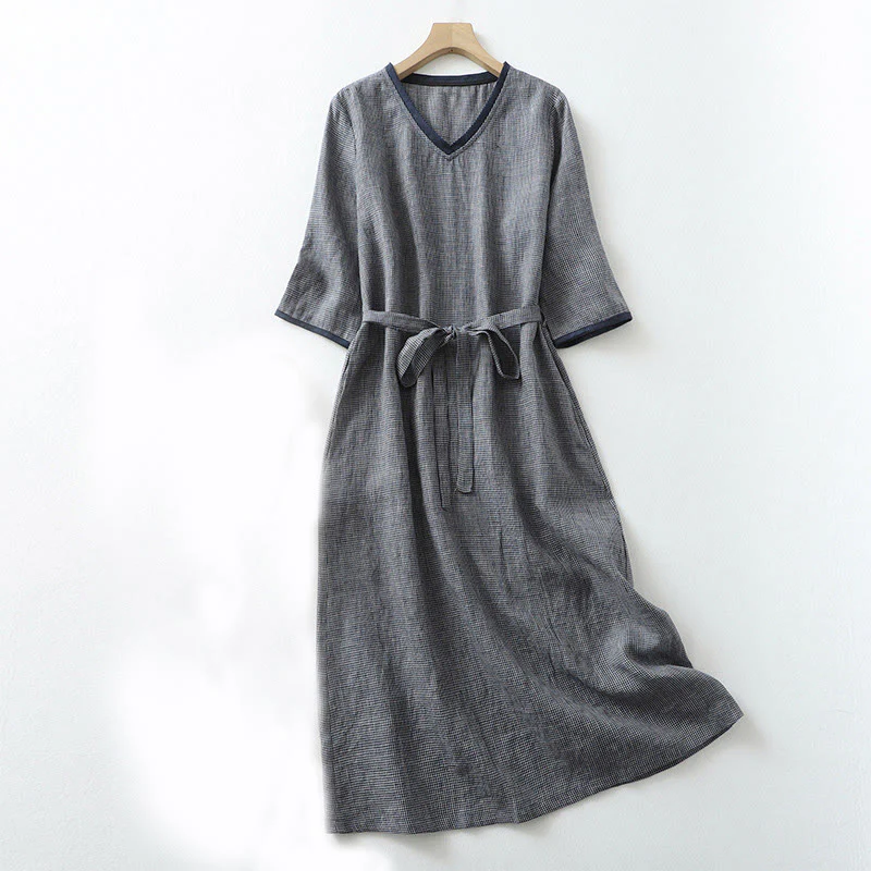 Buddha Stones Commute MidnightBlue Plaid Lace-Up Design Cotton Linen Midi Dress With Pockets