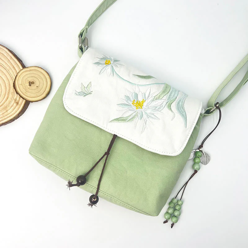 Buddha Stones Embroidered Camellia Epiphyllum Gardenia Sakura Flowers Crossbody Bag Shoulder Bag Cellphone Bag