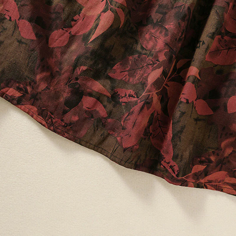 Buddha Stones Casual Printing Drawstring Chinese Frog-Button Cotton Linen Midi Dress With Pockets