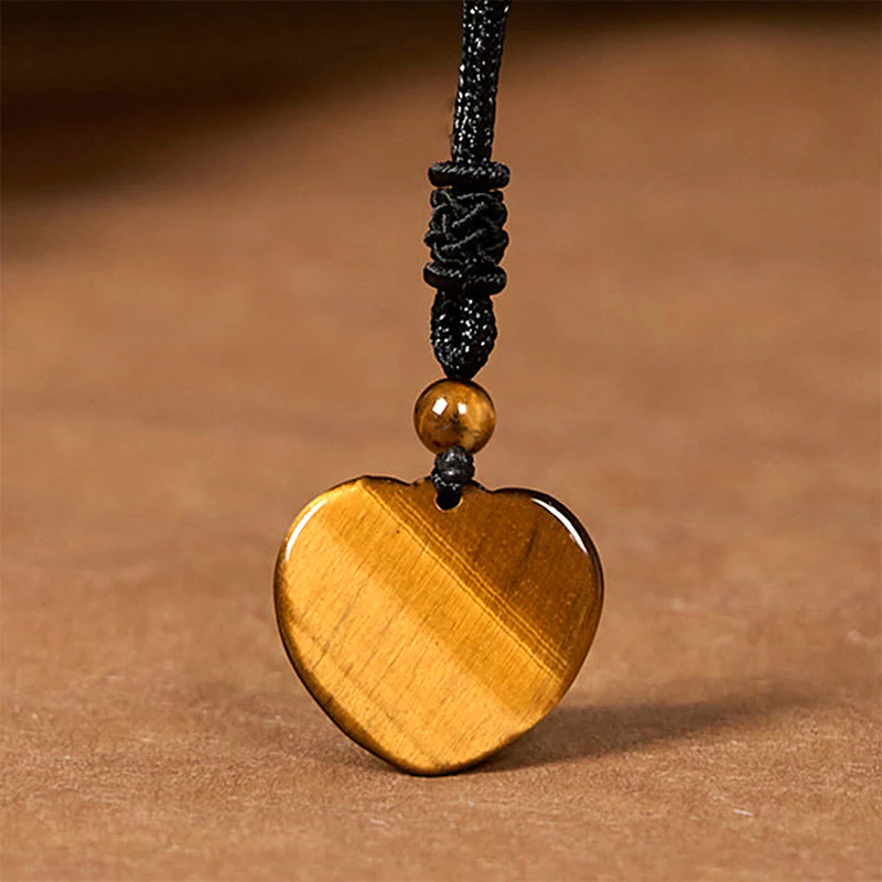 Buddha Stones Natural Tiger Eye Love Heart Pattern Protection Rope Necklace Pendant