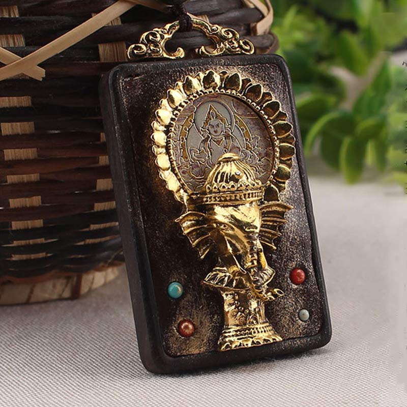 Buddha Stones Ebony Wood Elephant God of Fortune Buddha Blessing Necklace String Pendant