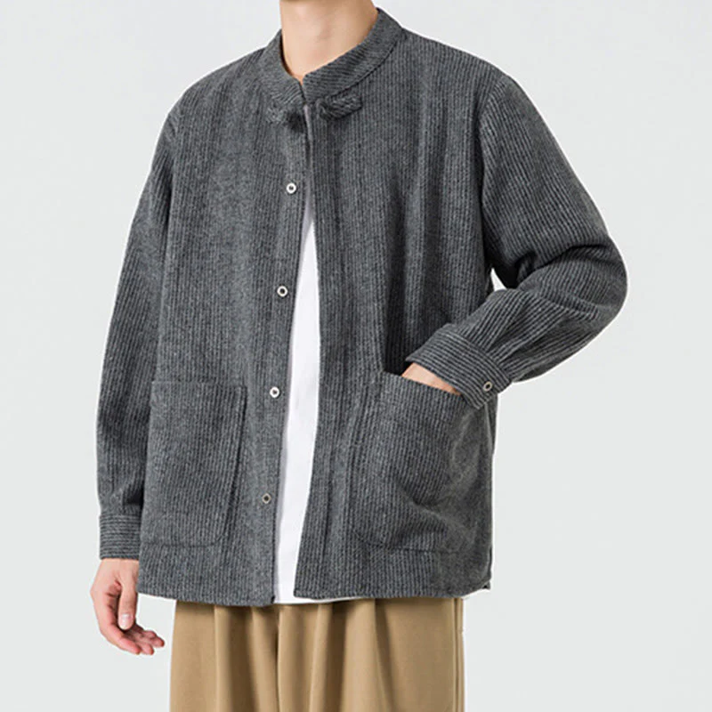 Buddha Stones Long Sleeve Frog-button Design Men's Cotton Jacket Shirt With Pockets