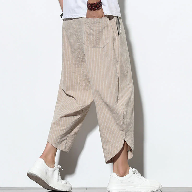 Buddha Stones Summer Stripes Pattern Drawstring Cotton Linen Men's 7-8 Length Harem Pants With Pockets