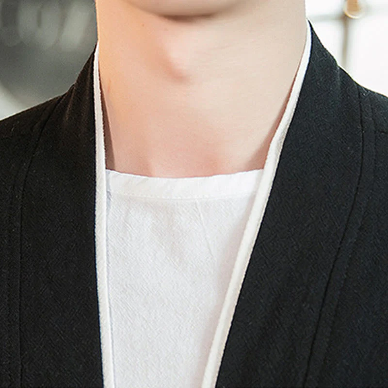 Buddha Stones Lace-Up Design Open Front Jacket Cotton Linen Men's Kimono With Pockets