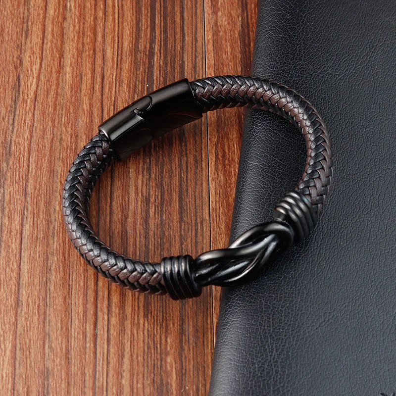 Buddha Stones Endless Knot Pattern Titanium Steel Balance Leather Buckle Bracelet