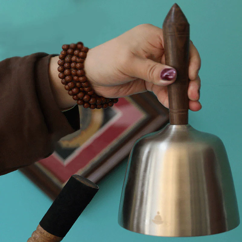 Buddha Stones Handmade Hand-held Awakening Singing Bell Chime for Healing and Meditation Wooden Handle Sound Set