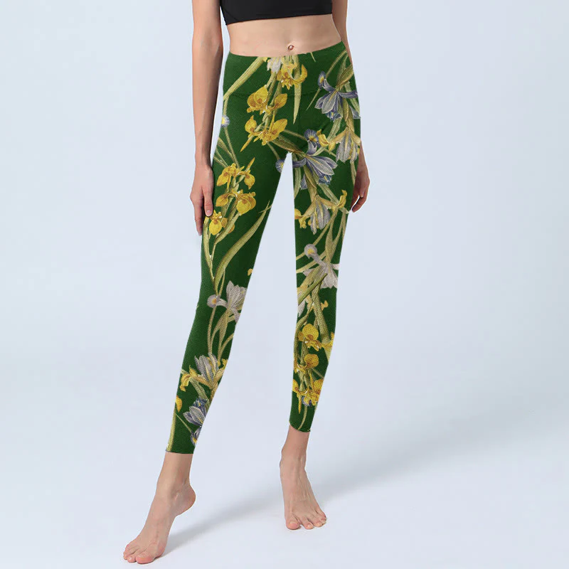 Buddha Stones Green Iris Pattern Print Gym Leggings Women's Yoga Pants