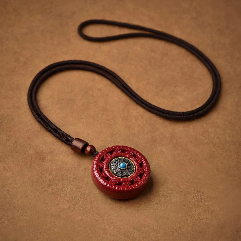 Buddha Stones Cinnabar Om Mani Padme Hum Blessing Rotatable Necklace Pendant Key Chain