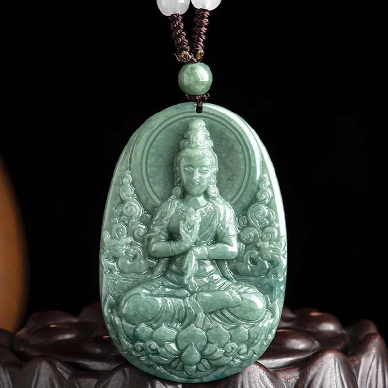 Buddha Stones Natural Jade Avalokitesvara Amulet Wealth Necklace Pendant