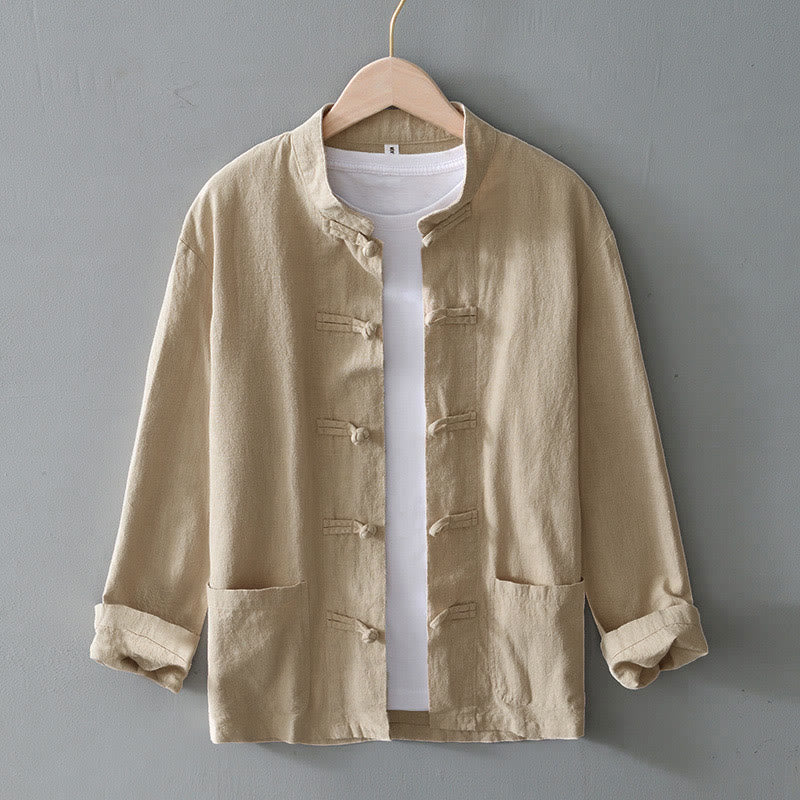 Buddha Stones Frog-Button Chinese Tang Suit Cotton Linen Men Jacket Shirt With Pockets