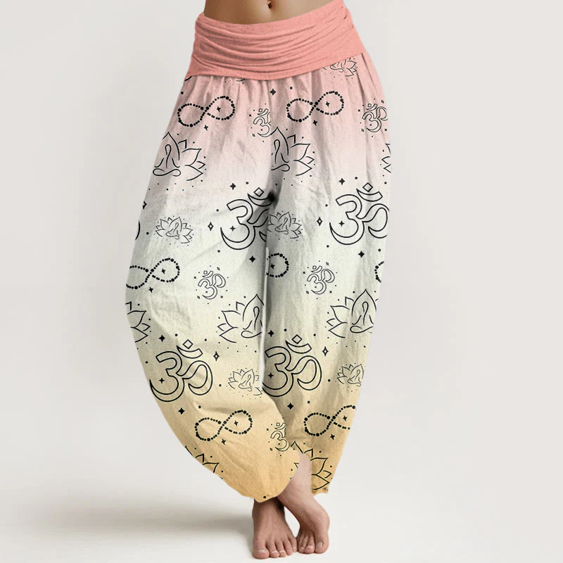 Buddha Stones OM Symbol Lotus Meditating Figure Infinity Pattern Women's Elastic Waist Harem Pants
