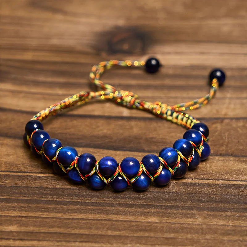 Buddha Stones Natural Blue Tiger Eye Hand-woven Colored Rope Double Row Beads Balance Bracelet