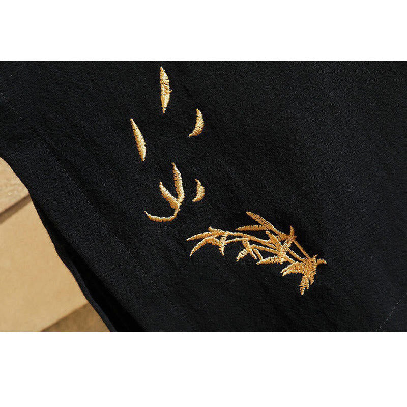 Buddha Stones Tang Suit Embroidery Crane Pattern Lace-Up Side Men's Cotton Linen T-Shirt