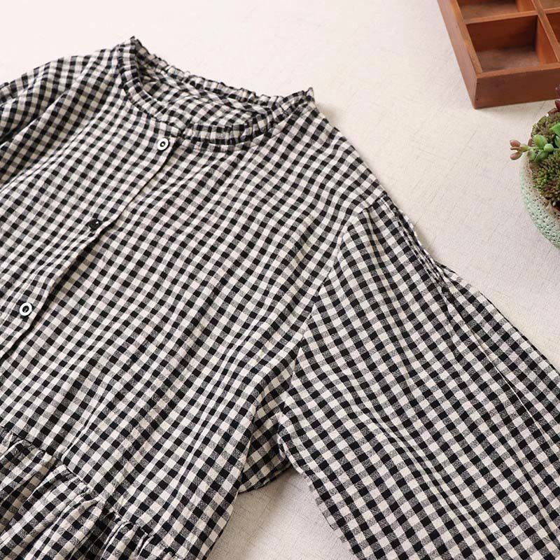 Buddha Stones Casual Plaid Simple Buttons Ruffled Design Cotton Linen Midi Dress With Pockets