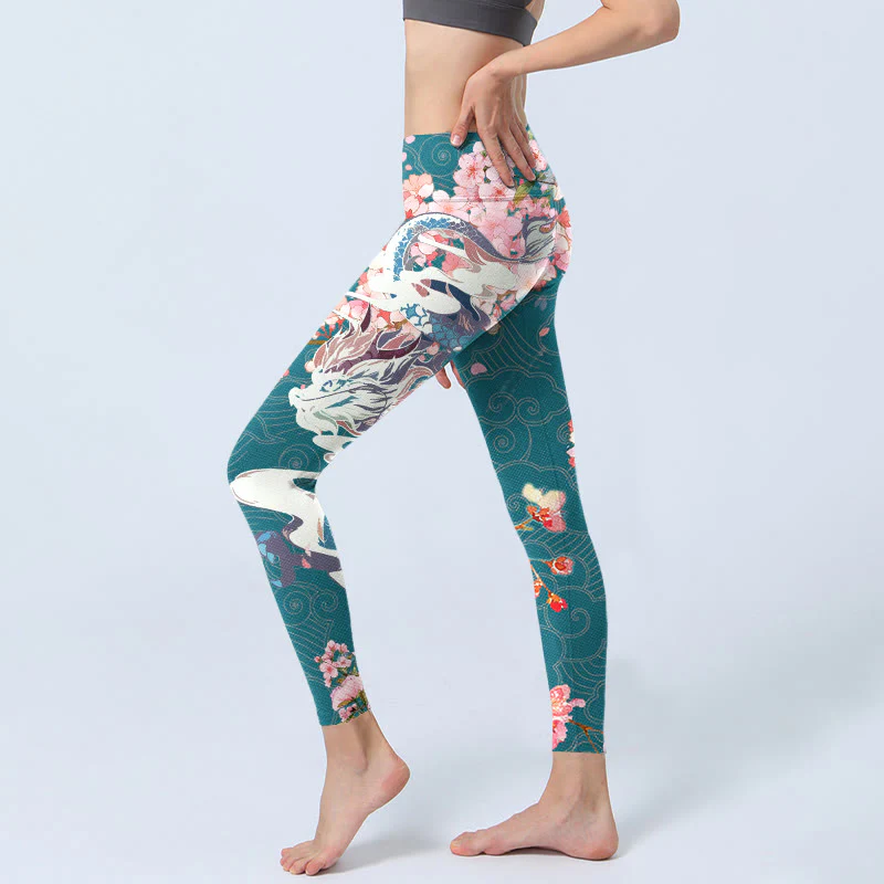 Buddha Stones Dragon Cherry Blossoms Print Gym Leggings Women's Yoga Pants