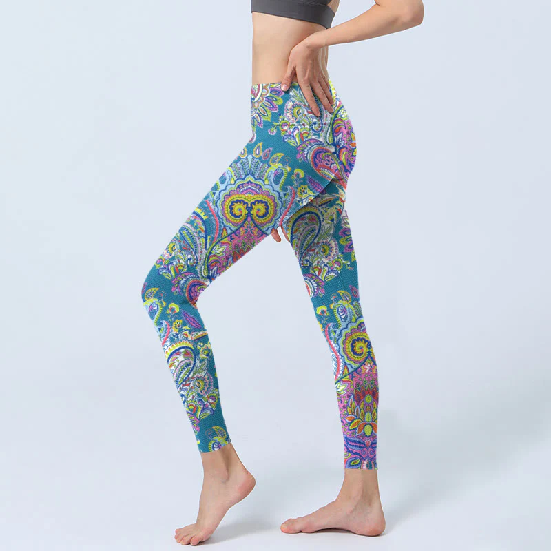 Buddha Stones Blue Pink Green Flower Print Gym Fitness Leggings Women's Yoga Pants