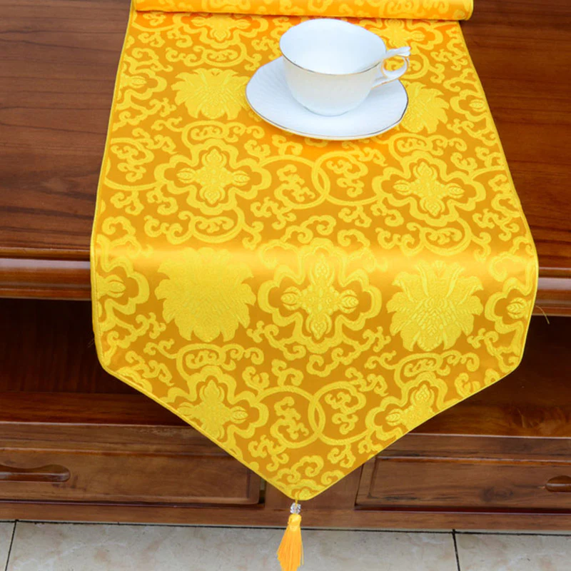 Buddha Stones Prayer Altar Flower Vajra Dragon Pattern Tibetan Auspicious Symbols Tassels Jacquard Table Runner