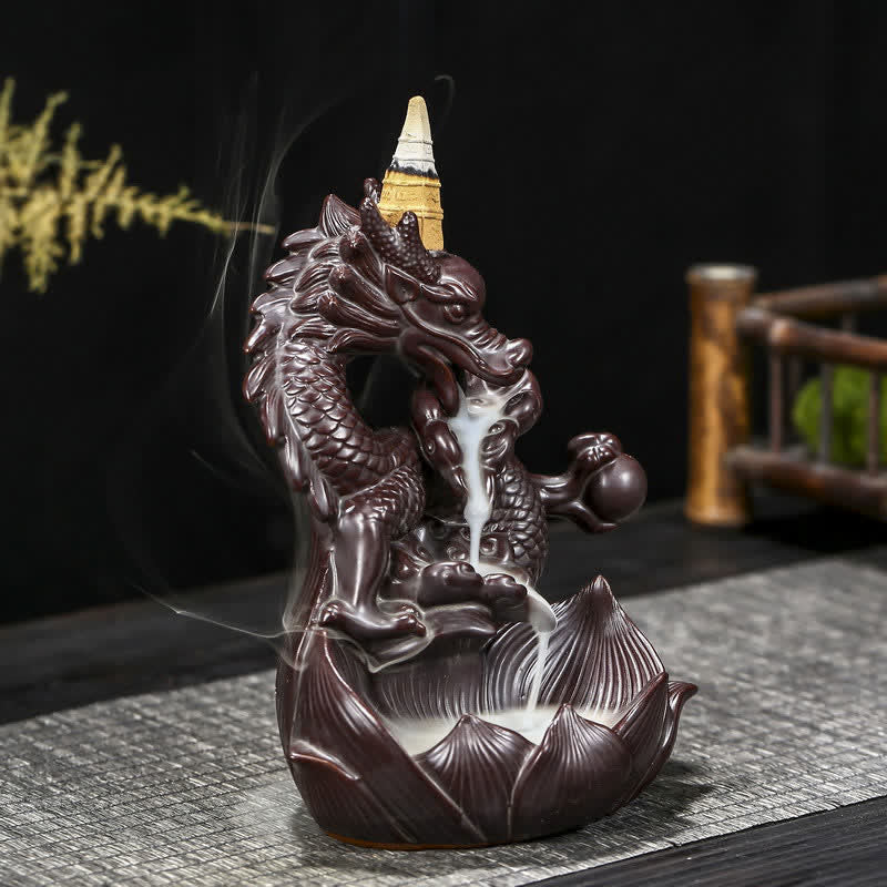 Buddha Stones Dragon Lotus Pattern Strength Protection Ceramic Incense Burner Decoration