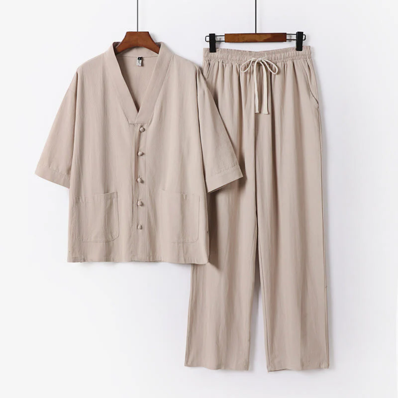 Buddha Stones 2Pcs Summer V-Neck Cotton Shirt Pants With Pockets Men's Meditation Cloth Set
