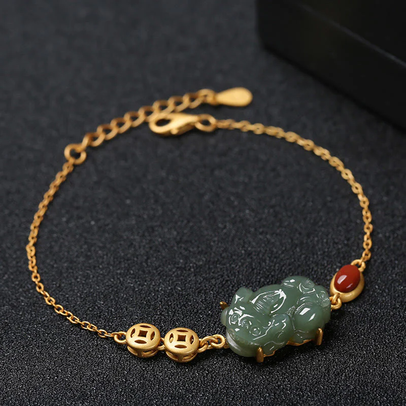 Buddha Stones Cyan Jade PiXiu Copper Coin Red Agate Success Chain Bracelet