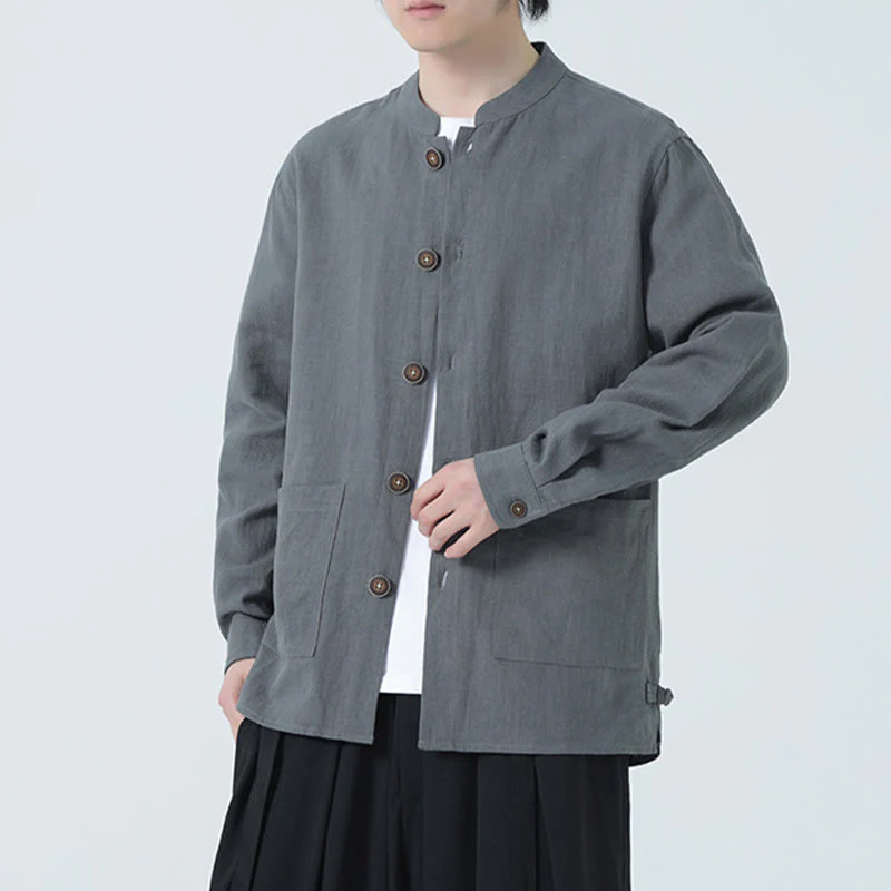 Buddha Stones Men's Button Ramie Linen Cotton Fleece Lined Jacket Shirt With Pockets