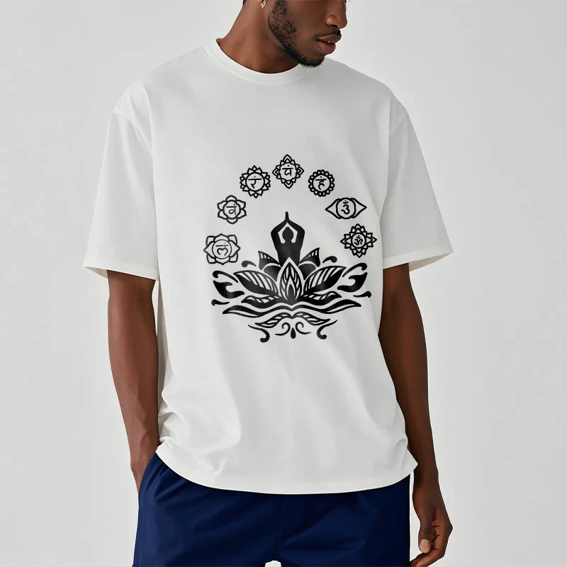 Buddha Stones Casual Meditating Figure Lotus Flower Seven Chakras Pattern Cotton Tee T-Shirt