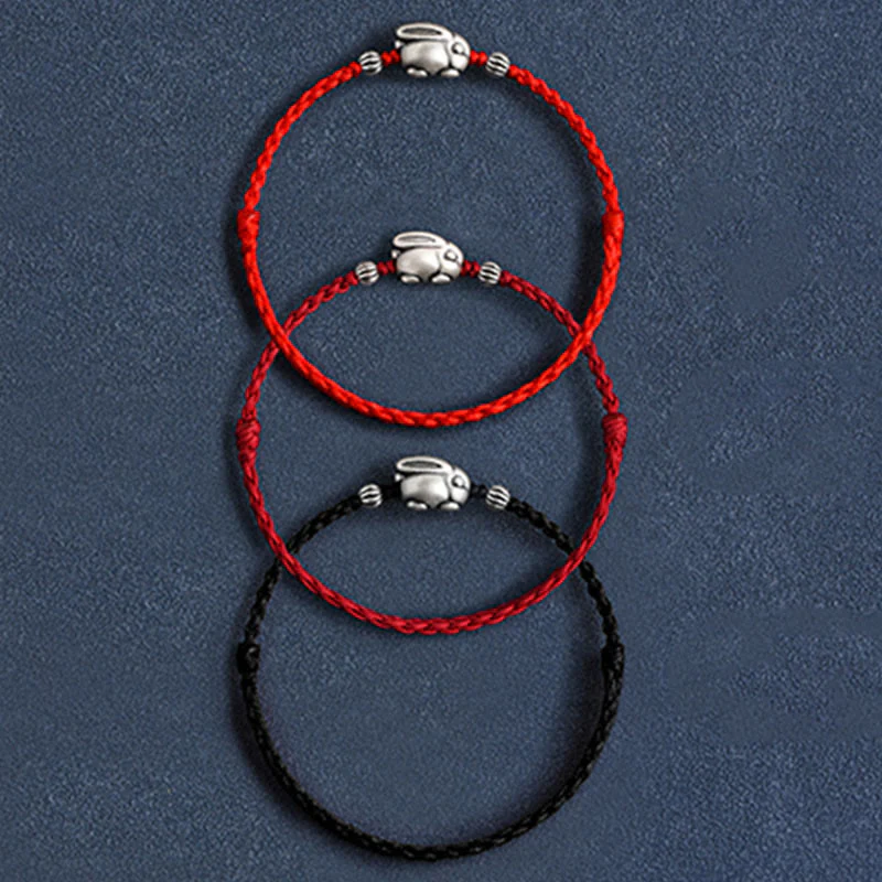 Buddha Stones Handmade 999 Sterling Silver Rabbit Luck Rope Bracelet Anklet