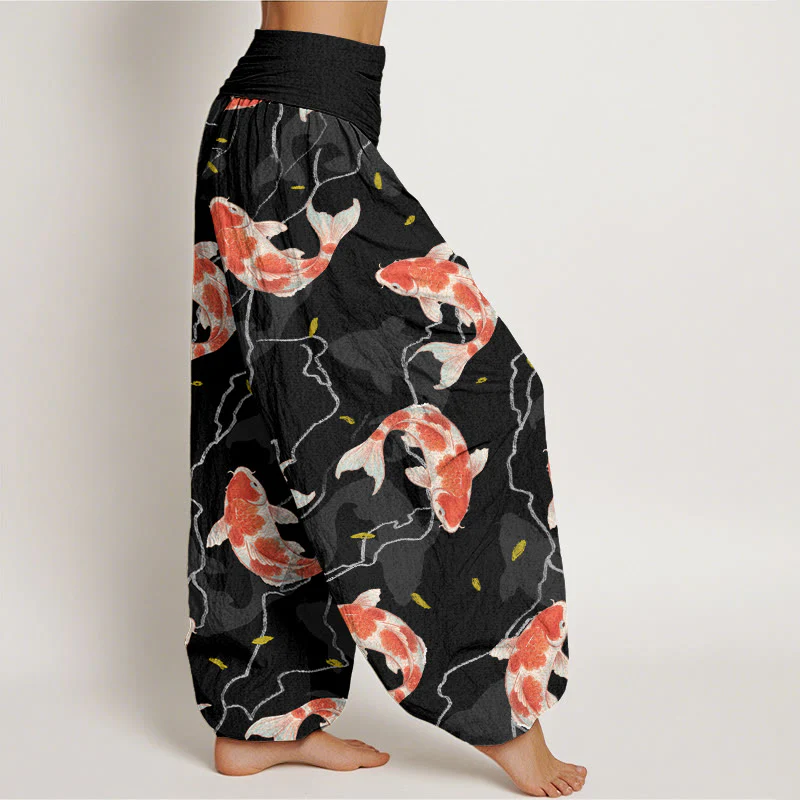 Buddha Stones Red White Koi Fish Pattern Design Women's Elastic Waist Harem Pants