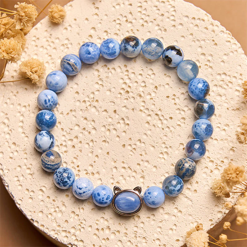 Buddha Stones Natural Cat Head Blue Agate Kyanite Protection Bracelet