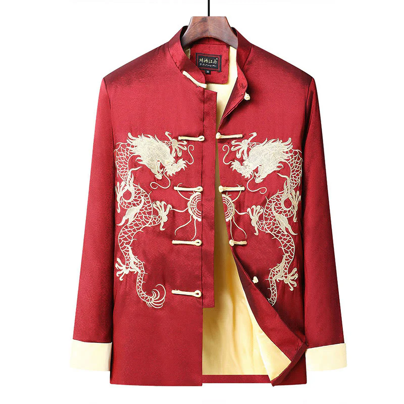 Buddha Stones Embroider Dragon Turned Sleeves Casual Frog-button Polyester Fiber Men's Jacket Shirt Pants Clothing