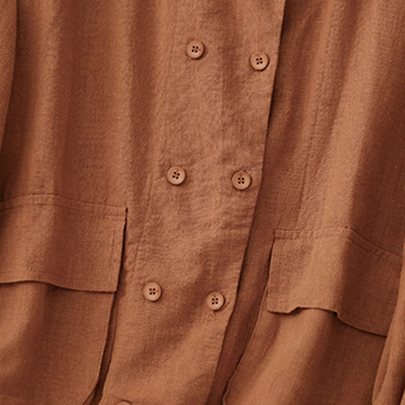 Buddha Stones Double‑Breasted Design Long Sleeve Women's Cotton Linen Jacket With Pockets