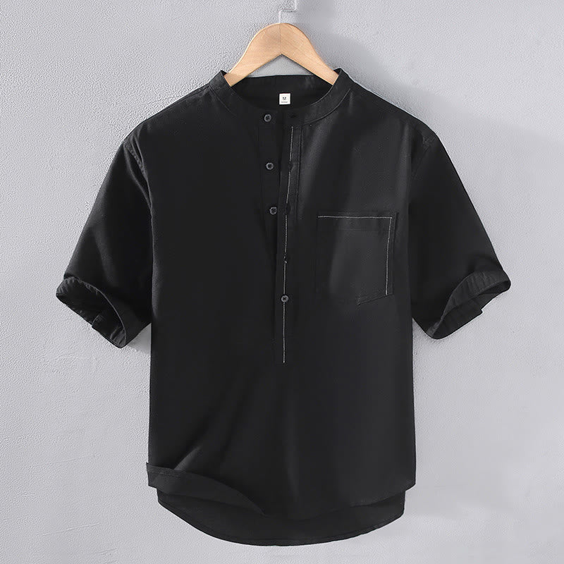 Buddha Stones Vintage Spring Pure Color Half Buttons Design Stand Collar Men's Short Sleeve Linen Shirt With Pocket