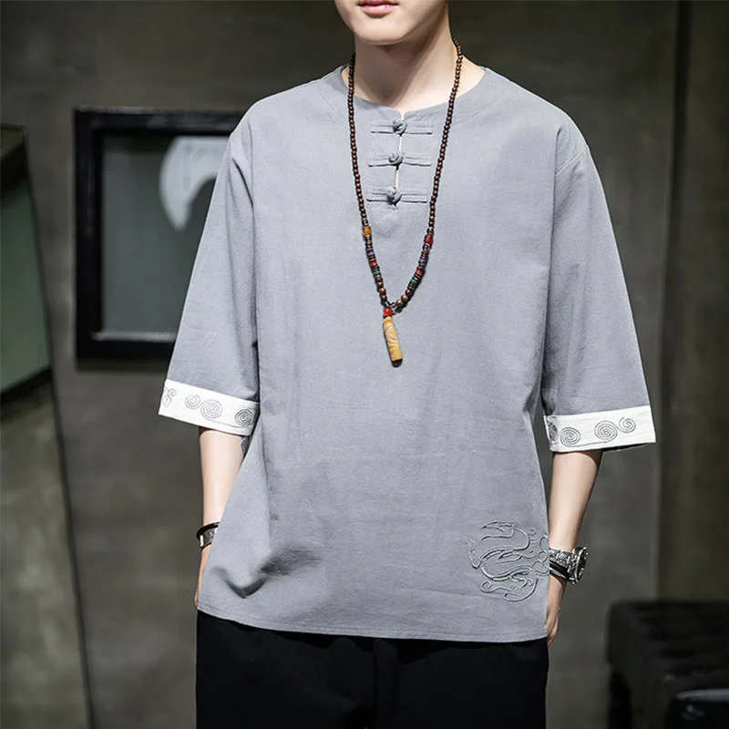 Buddha Stones Summer Embroidery Plain Frog-Button Men's Crew Neck Half Sleeve Cotton Linen Shirt Clothing