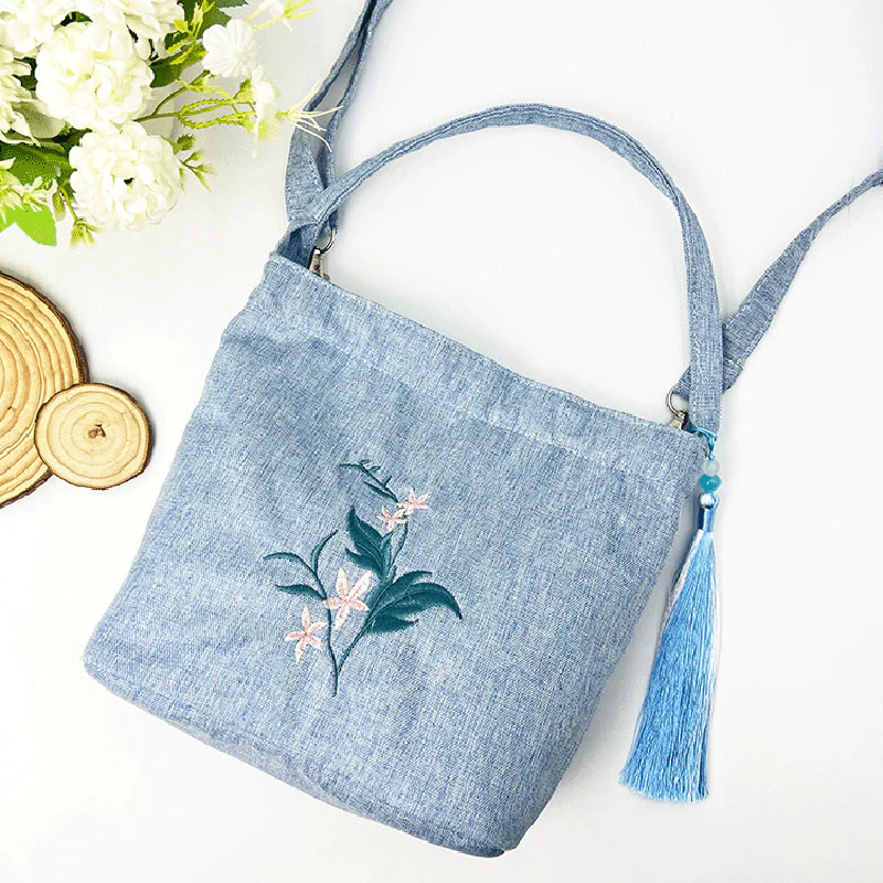 Buddha Stones Embroidery Wisteria Plum Lotus Cherry Blossom Cotton Linen Canvas Tote Crossbody Bag Shoulder Bag Handbag