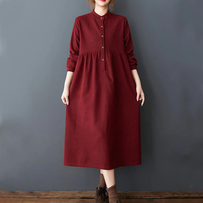 Buddha Stones Casual Plain Buttons Design Thermal Cotton Linen Midi Dress With Pockets
