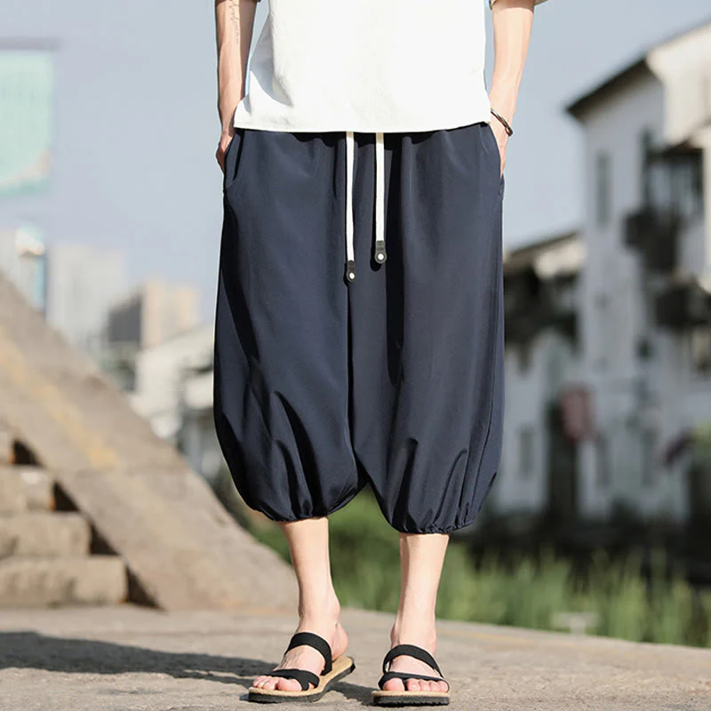 Buddha Stones Solid Drawstring Men's Capri Cropped Harem Pants With Pockets