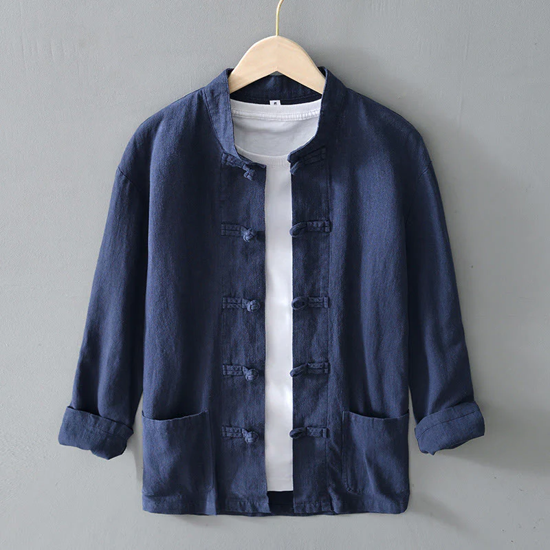 Buddha Stones Frog-Button Chinese Tang Suit Cotton Linen Men Jacket Shirt With Pockets