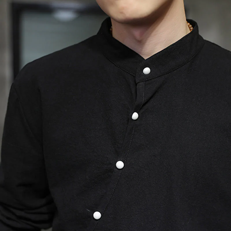 Buddha Stones Plain Lace-Up Simple Button Design Men's Long Sleeve Cotton Linen Shirt Clothing