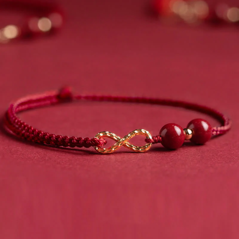 Buddha Stones Cinnabar Blessing Red String 14K Gold Infinity Symbol Bracelet Anklet