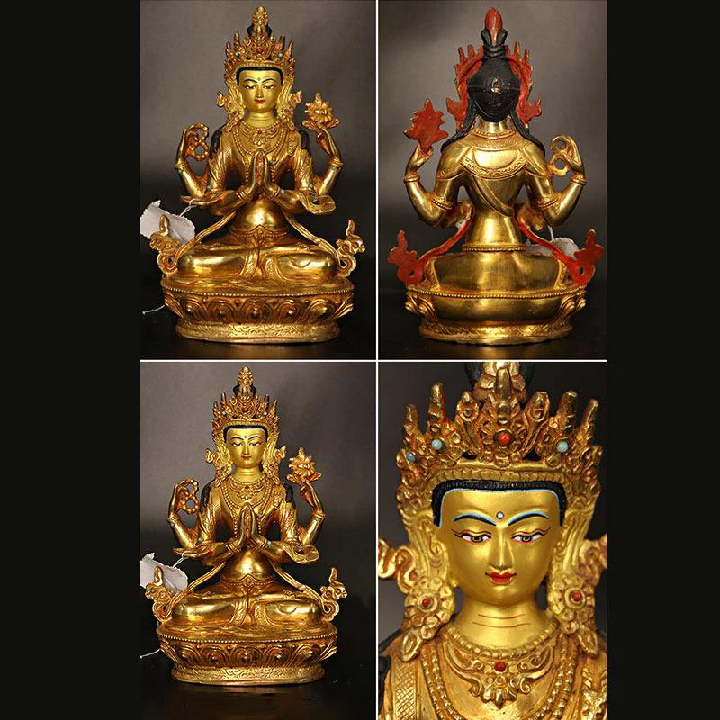Buddha Stones Bodhisattva Tara Chenrezig Four-armed Avalokitesvara Protection Copper Gold Plated Statue Decoration