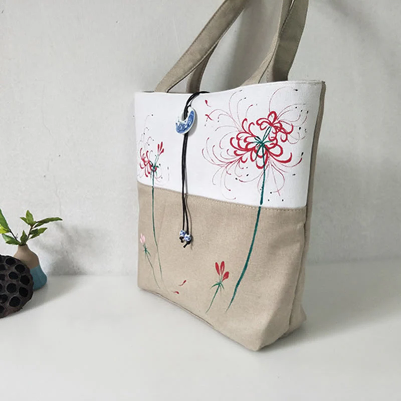 Buddha Stones Pear Flower Plum Peach Blossom Bamboo Embroidery Canvas Large Capacity Shoulder Bag Tote Bag